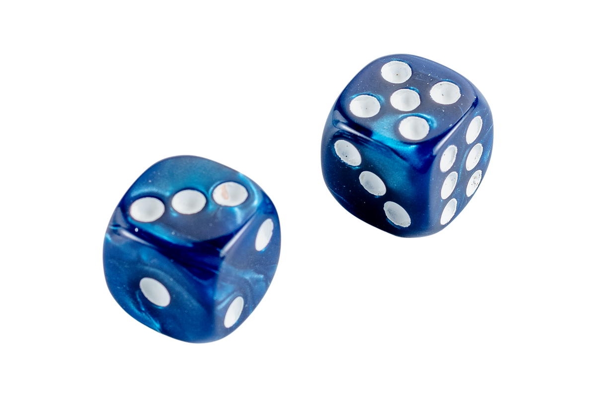 Two translucent blue marbled dice with white pips, shown on a plain white background.