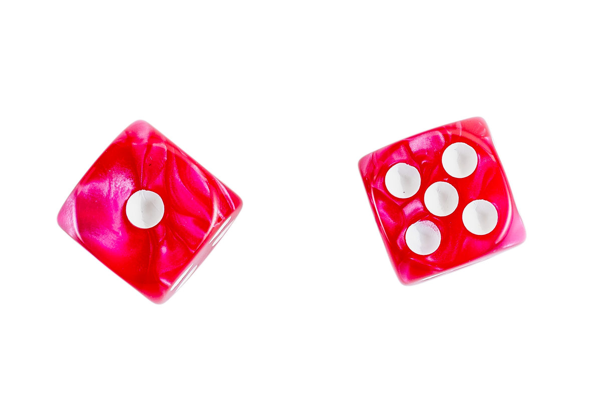 Two Hot Pink Marbled Dice with white circular cutouts, shown on a plain white background.