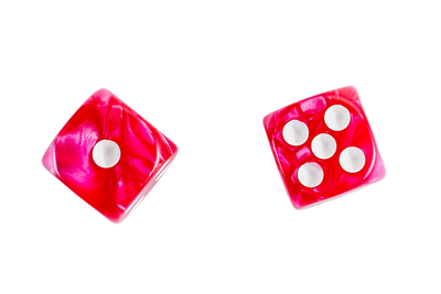Two Hot Pink Marbled Dice with white circular cutouts, shown on a plain white background.