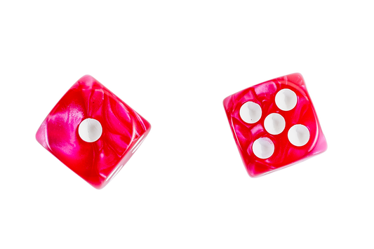 Two Hot Pink Marbled Dice with white circular cutouts, shown on a plain white background.