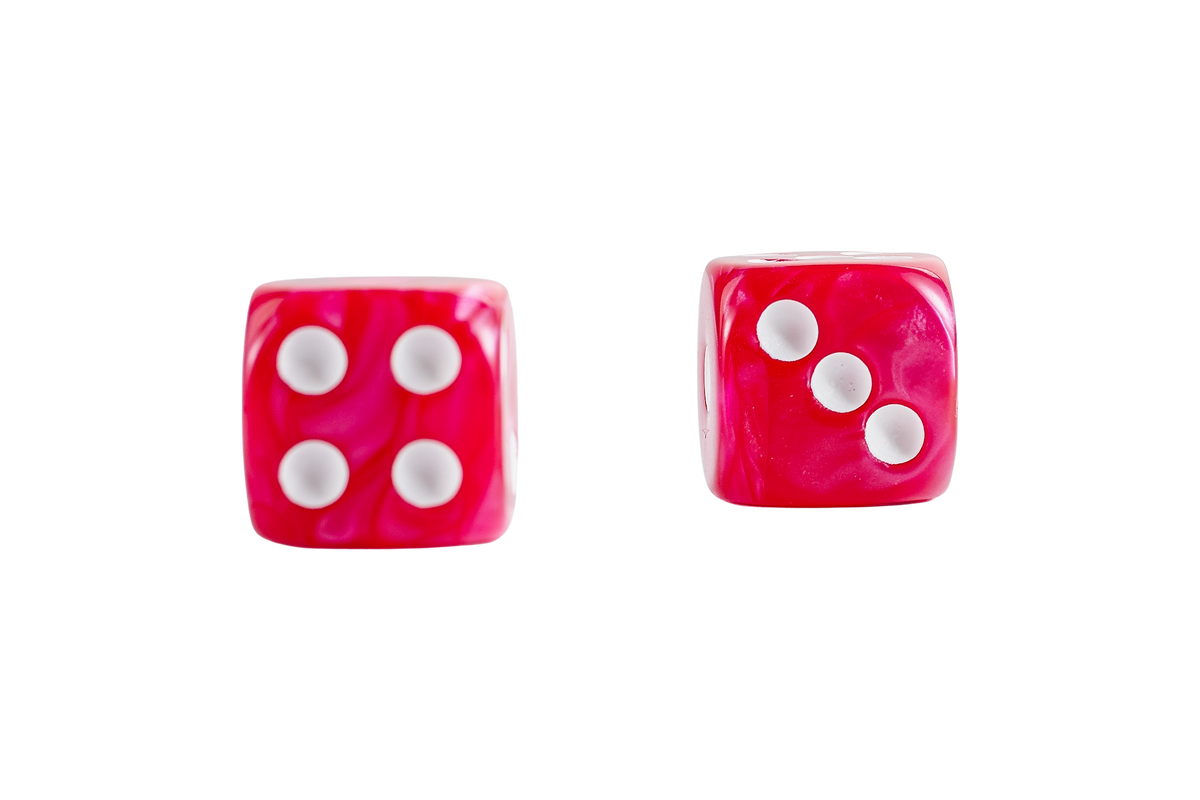 Two Marbled Hot Pink marbled dice with white pips, shown on a plain white background.