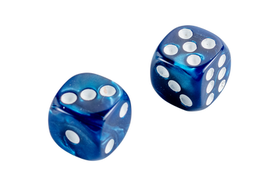 Two translucent blue marbled dice with white pips, shown on a plain white background.
