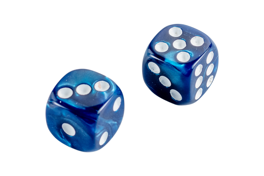 Two translucent blue marbled dice with white pips, shown on a plain white background.