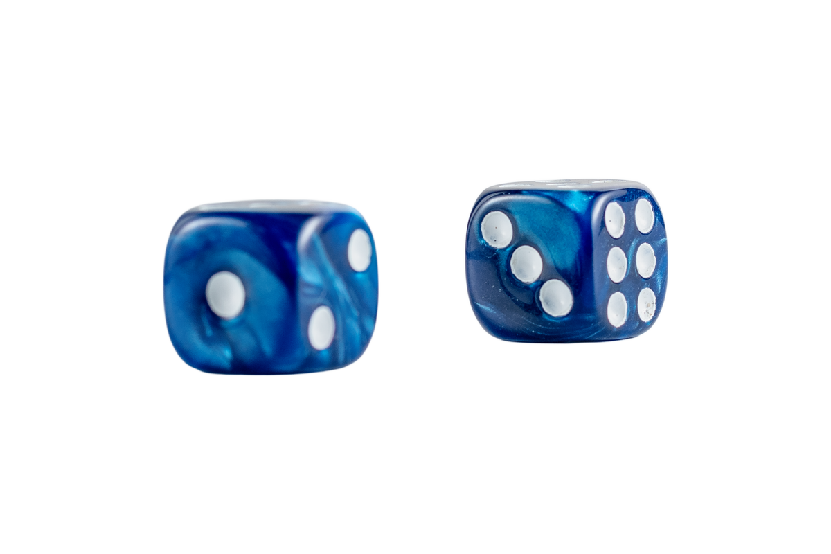 Two blue marbled gaming dice with white pips, shown on a plain white background.