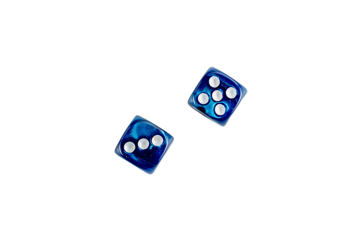 Two blue translucent square dice with white pips, shown on a plain white background.