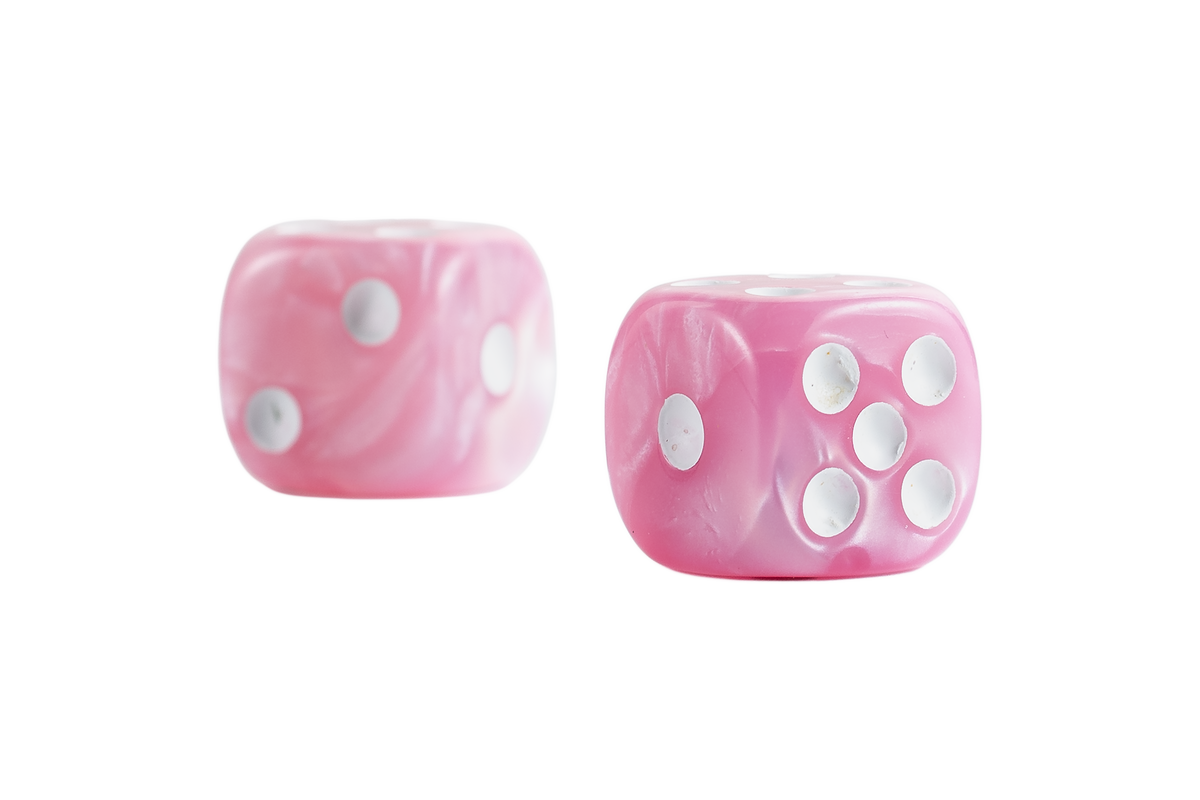 Two pink marbled dice with white pips, shown on a clean white background.