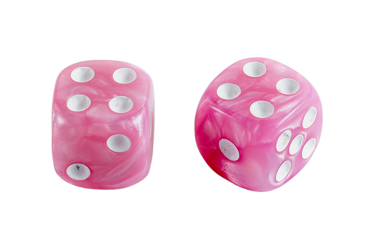 Two pink marbled acrylic dice on a solid white background