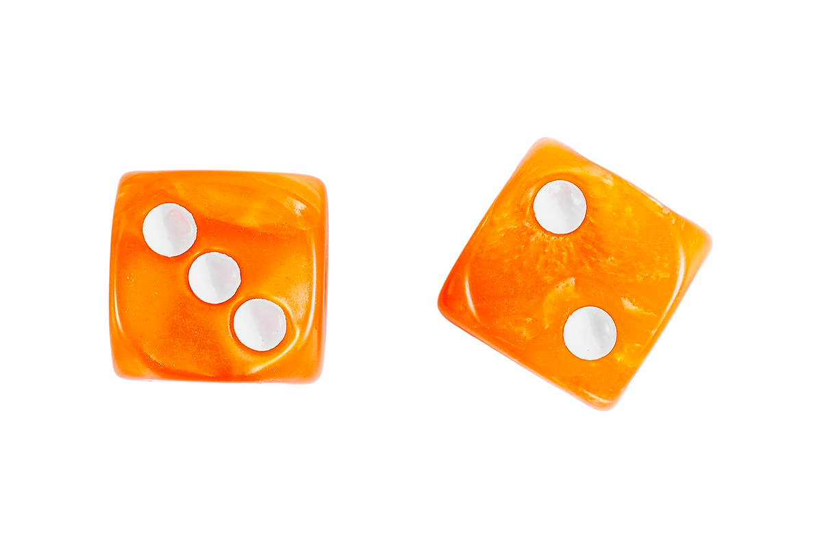 Two translucent orange square dice with rounded corners and white pips, shown on a plain white background.