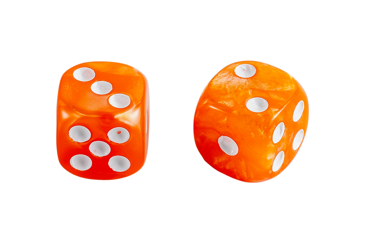 Two translucent orange dice with white pips, shown on a plain white background.