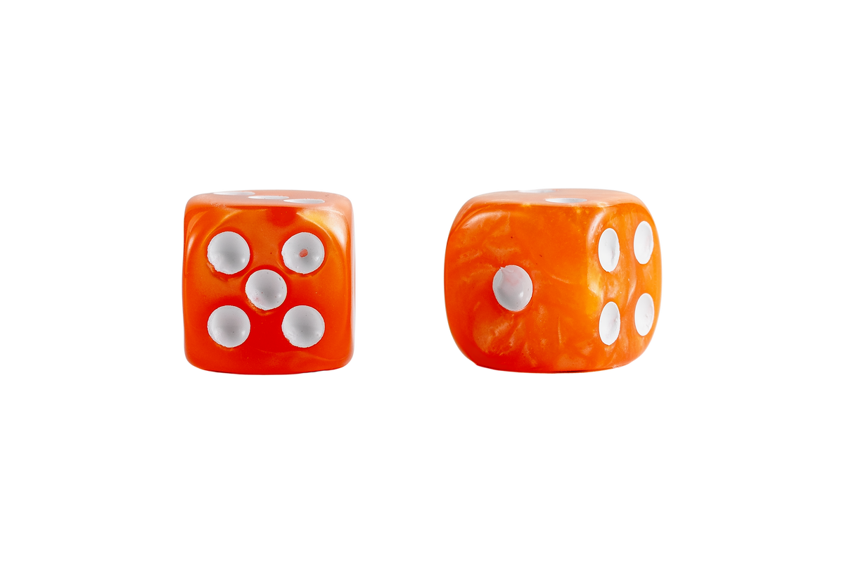 Two orange marbled dice with white pips, shown side by side on a plain white background.