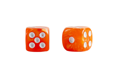 Two orange marbled dice with white pips, shown side by side on a plain white background.