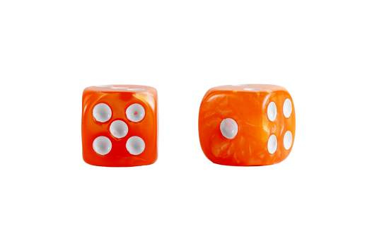 Two orange marbled dice with white pips, shown side by side on a plain white background.